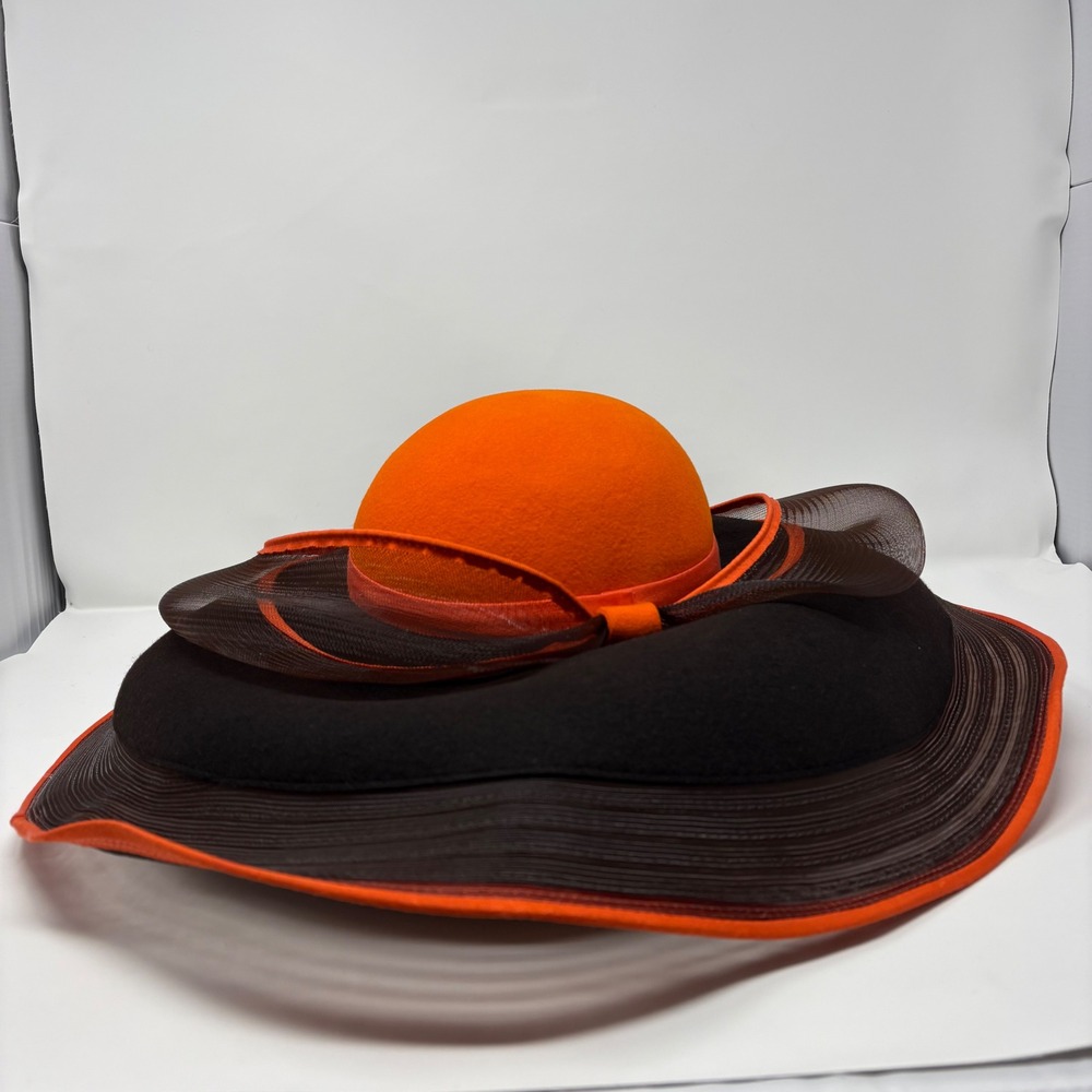 Vintage Bellini New York 100% Wool Felt Derby Church Hat Orange Black Wide Brim - Picture 9 of 13